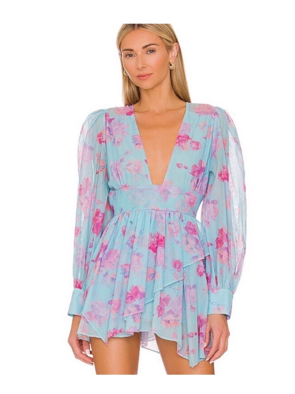 LoveShackFancy Aqua Blue Floral Plunge Mini Dress with Pink Roses